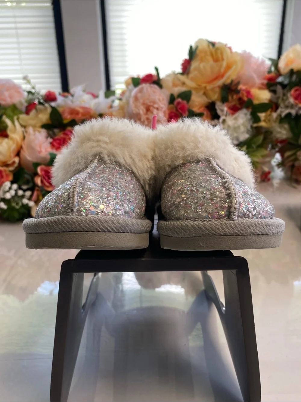 Girls Glitter Faux Fur Ankle Boots Silver Sparkle Cozy Winter Shoes Size 5